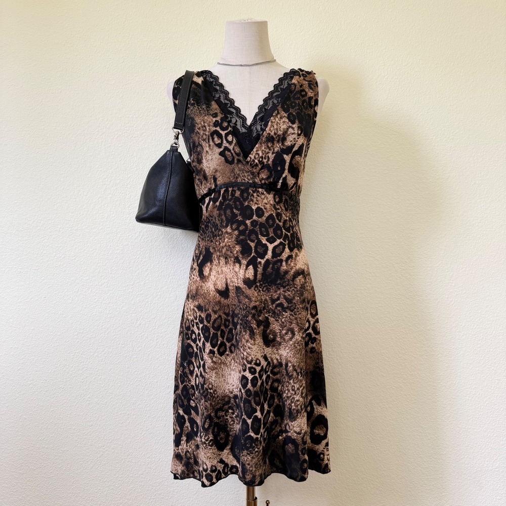 Y2K Vintage Leopard Print Lace Trim V-Neck Slip Dress Brown Black Size Large